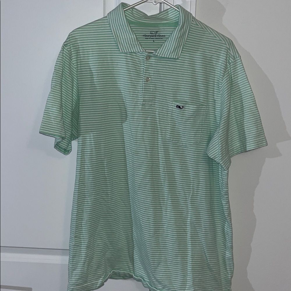 Vineyard Vines Whale Pocket Polo golf shirt green & white stripe L men’s cotton